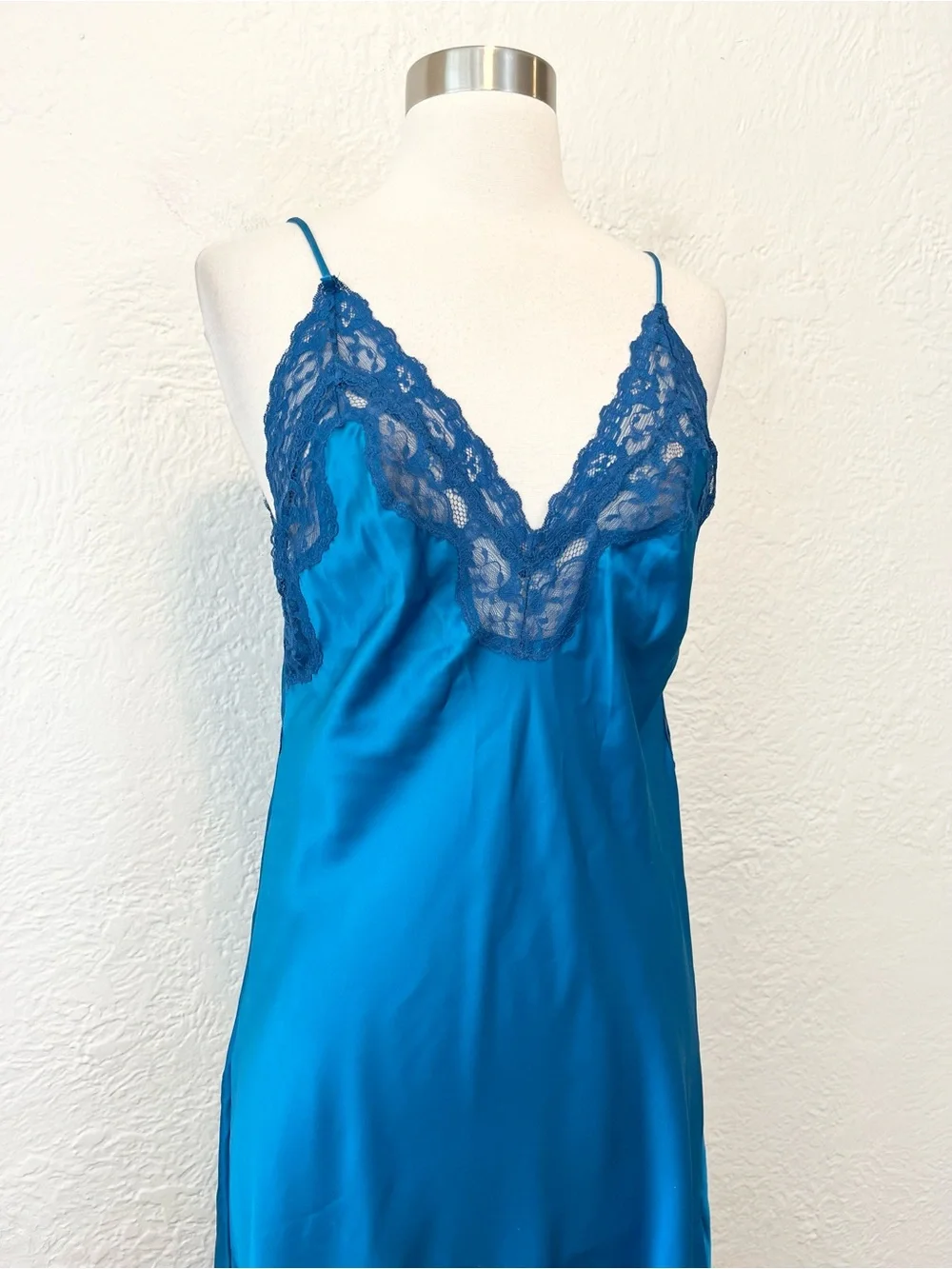 Vintage Slip Dress Chemise Blue Satin Lace Trim size Small S Romantic Fairy - Picture 3 of 13